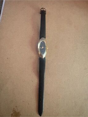 Classic Women's Black Leather Strap Watch with Gold Case